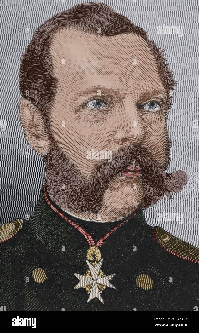 Alexander II of Russia (1818-1881). Czar of the Russian Empire from 1855 to 1881. Portrait, detail. Engraving. Later colouration. La Ilustración Española y Americana, 1881. Stock Photo