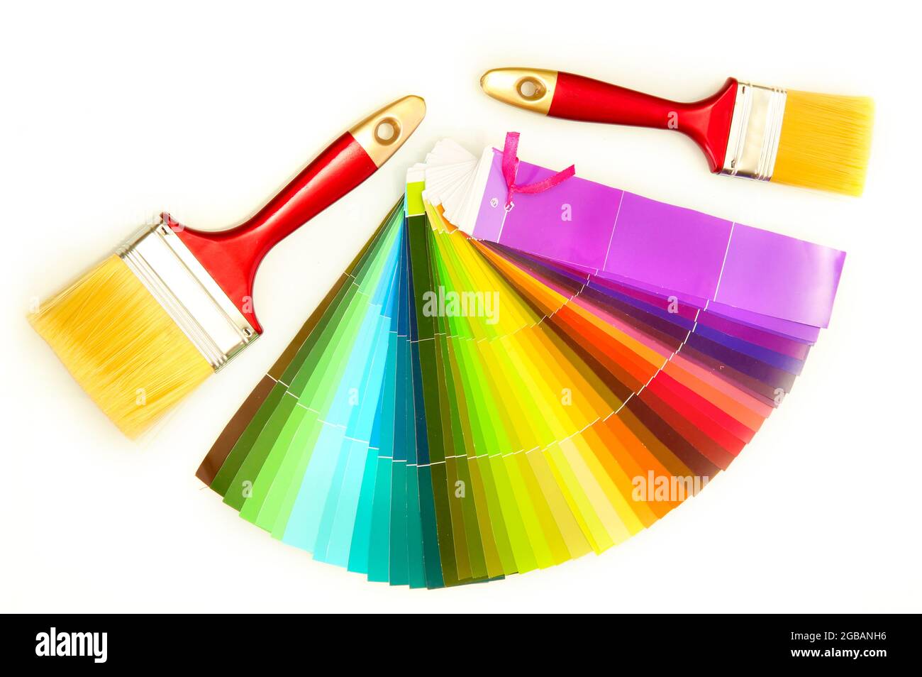 paint brushes and bright palette of colors isolated on white Stock