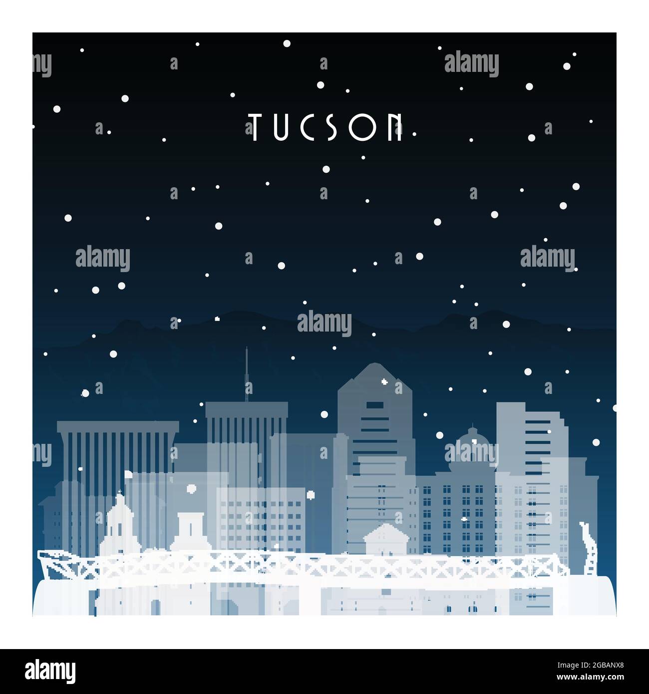 Winter night in Tucson. Night city in flat style for banner, poster, illustration, background. Stock Vector