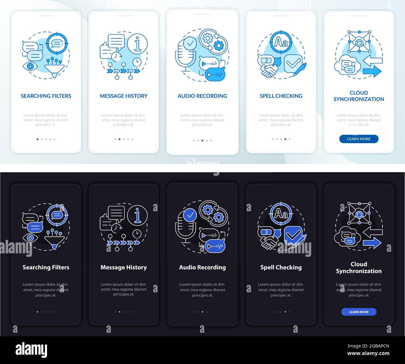 Messaging service pros onboarding mobile app page screen Stock Vector