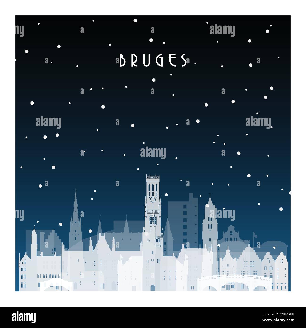 Winter night in Bruges. Night city in flat style for banner, poster, illustration, background. Stock Vector
