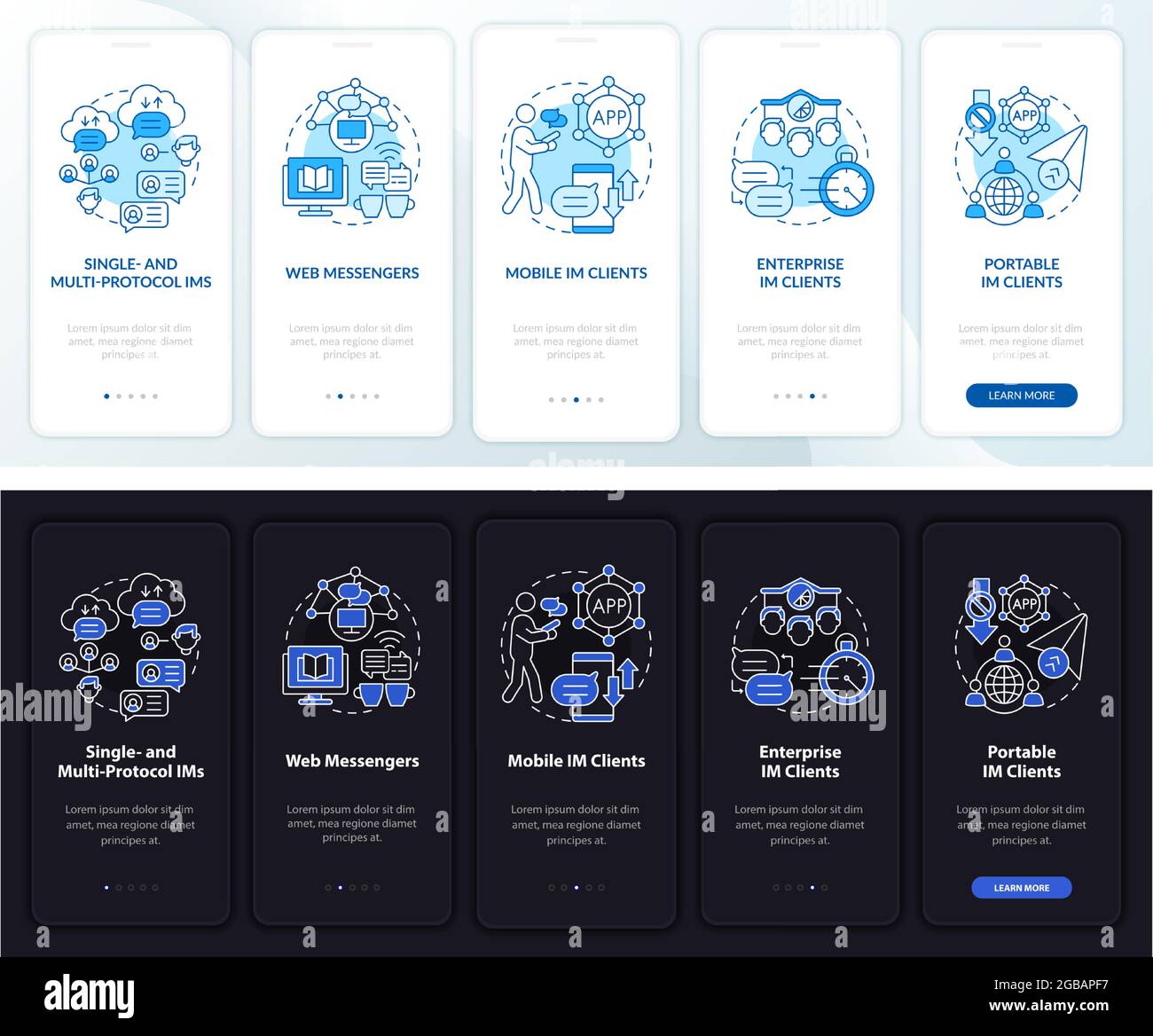 Instant messaging service onboarding mobile app page screen Stock Vector