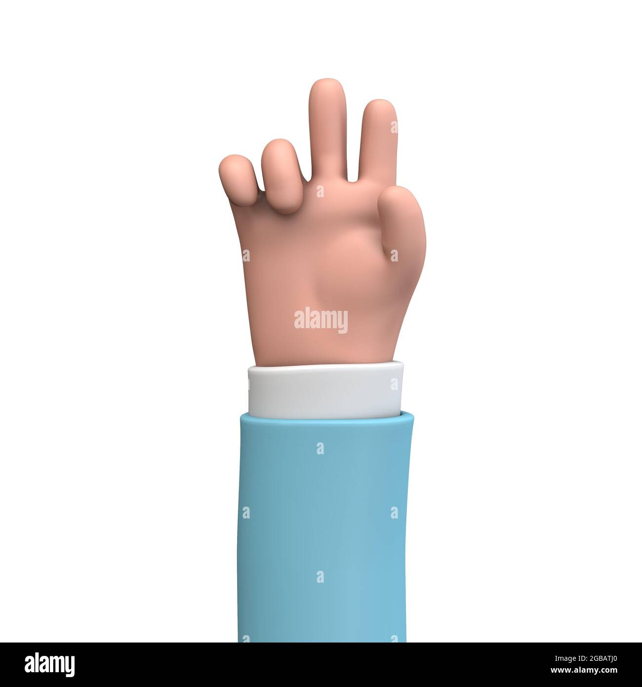 Cartoon 3D hand showing number 2 with fingers. 3D Rendering. Stock Photo