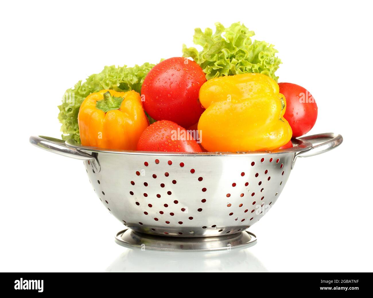 fresh vegetables in silver colander isolated on white Stock Photo - Alamy