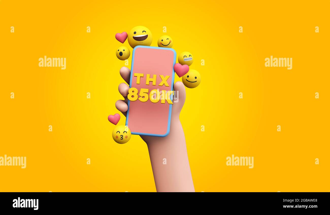 Thanks 850k social media supporters. cartoon hand and smartphone. 3D Render. Stock Photo