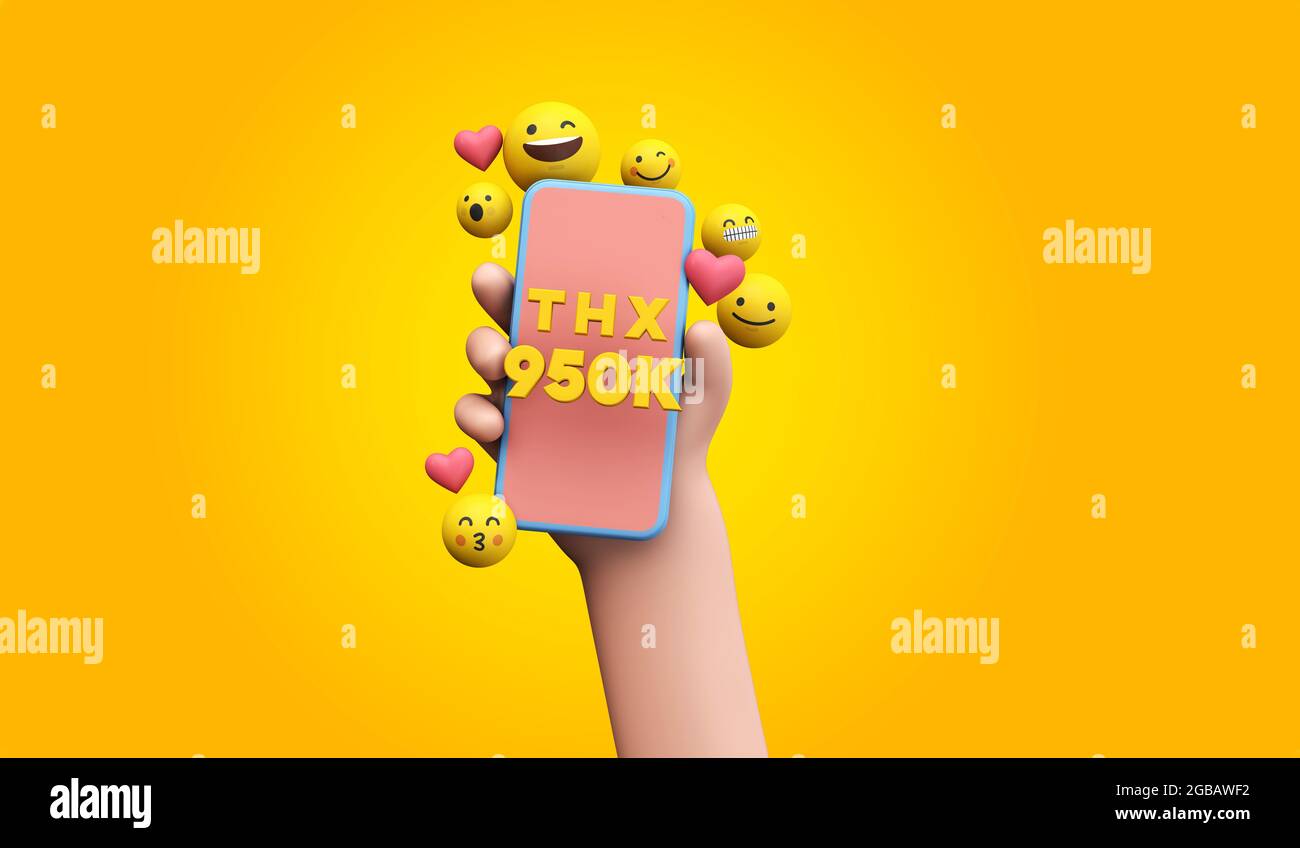 Thanks 950k social media supporters. cartoon hand and smartphone. 3D Render. Stock Photo
