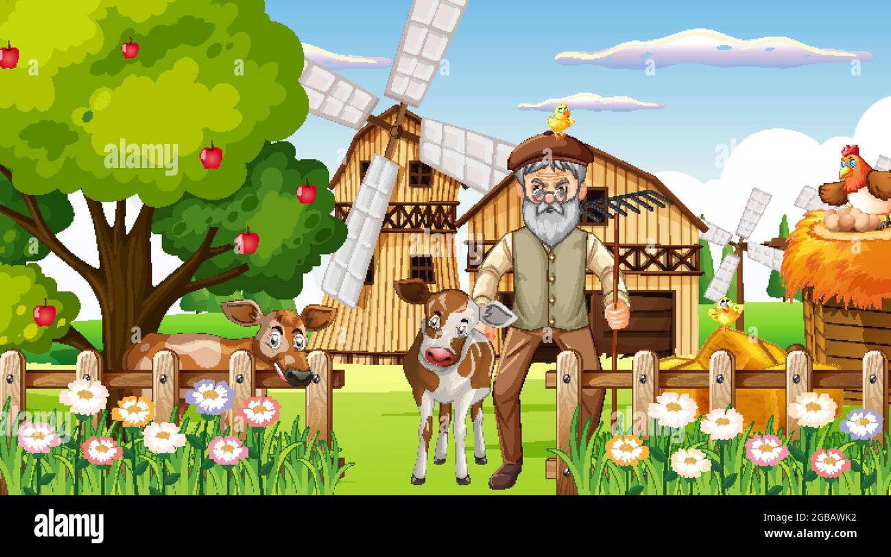 Farm at daytime scene with old farmer man and farm animals illustration ...