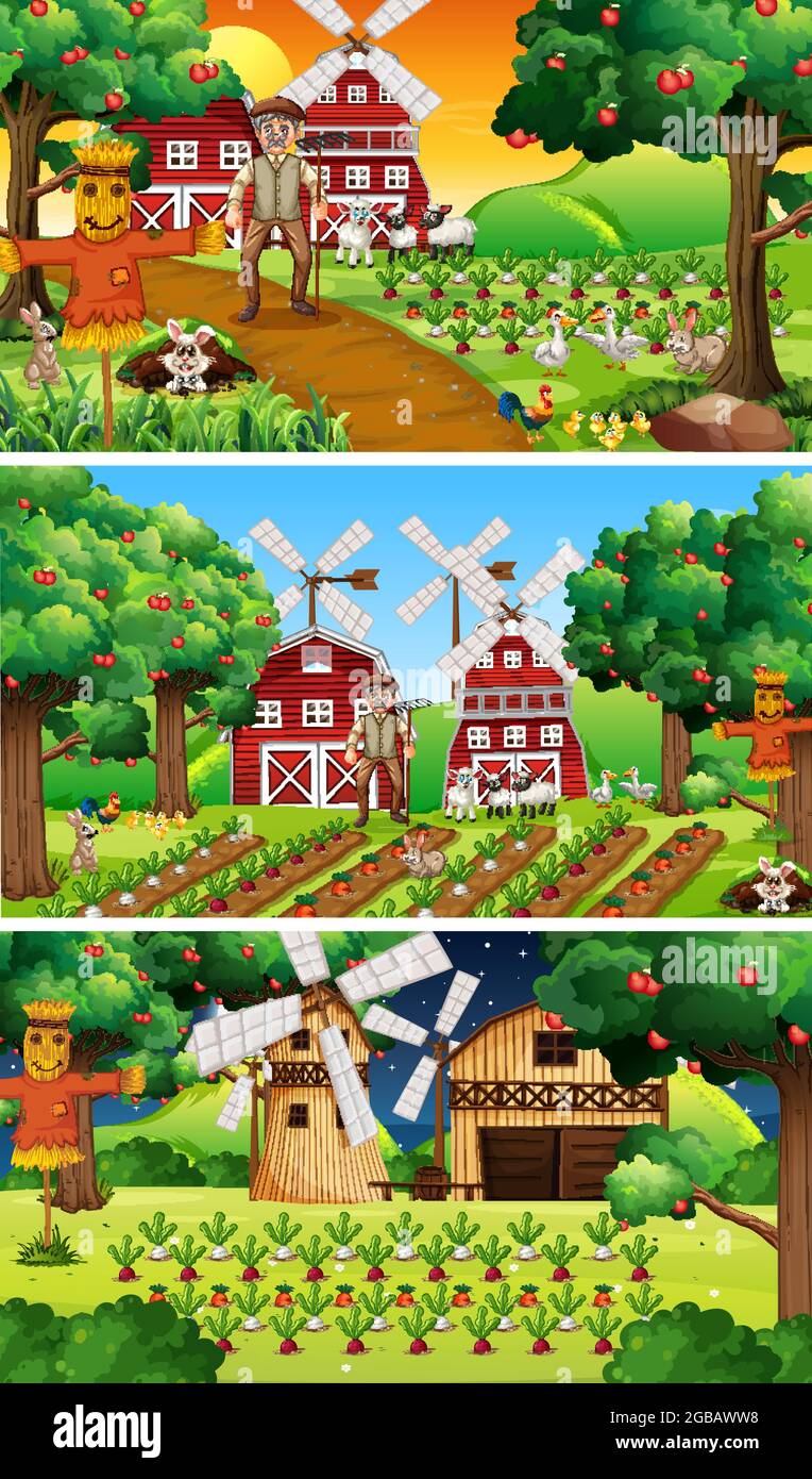 Different farm scenes with old farmer and animal cartoon character illustration Stock Vector
