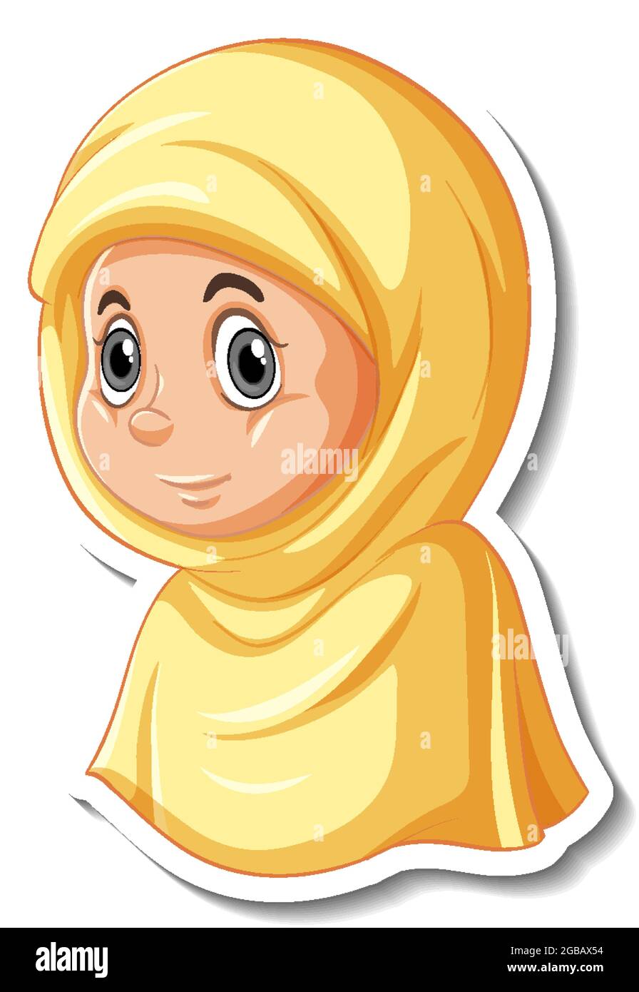 A sticker template with portrait of a muslim girl cartoon character ...