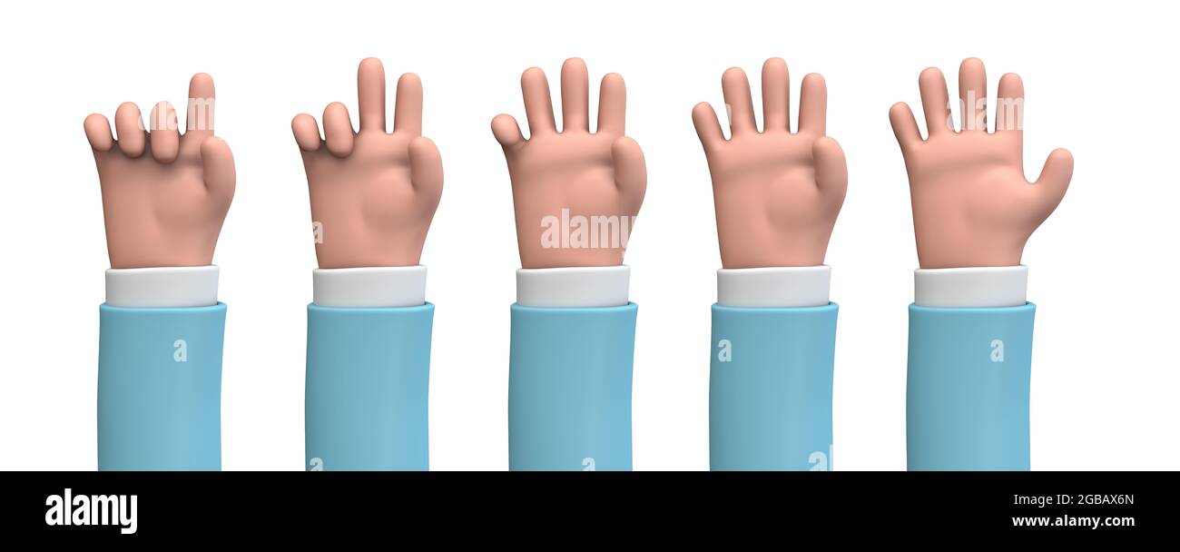 Cartoon 3D hand showing numbera 1 to 5 with fingers. 3D Rendering. Stock Photo