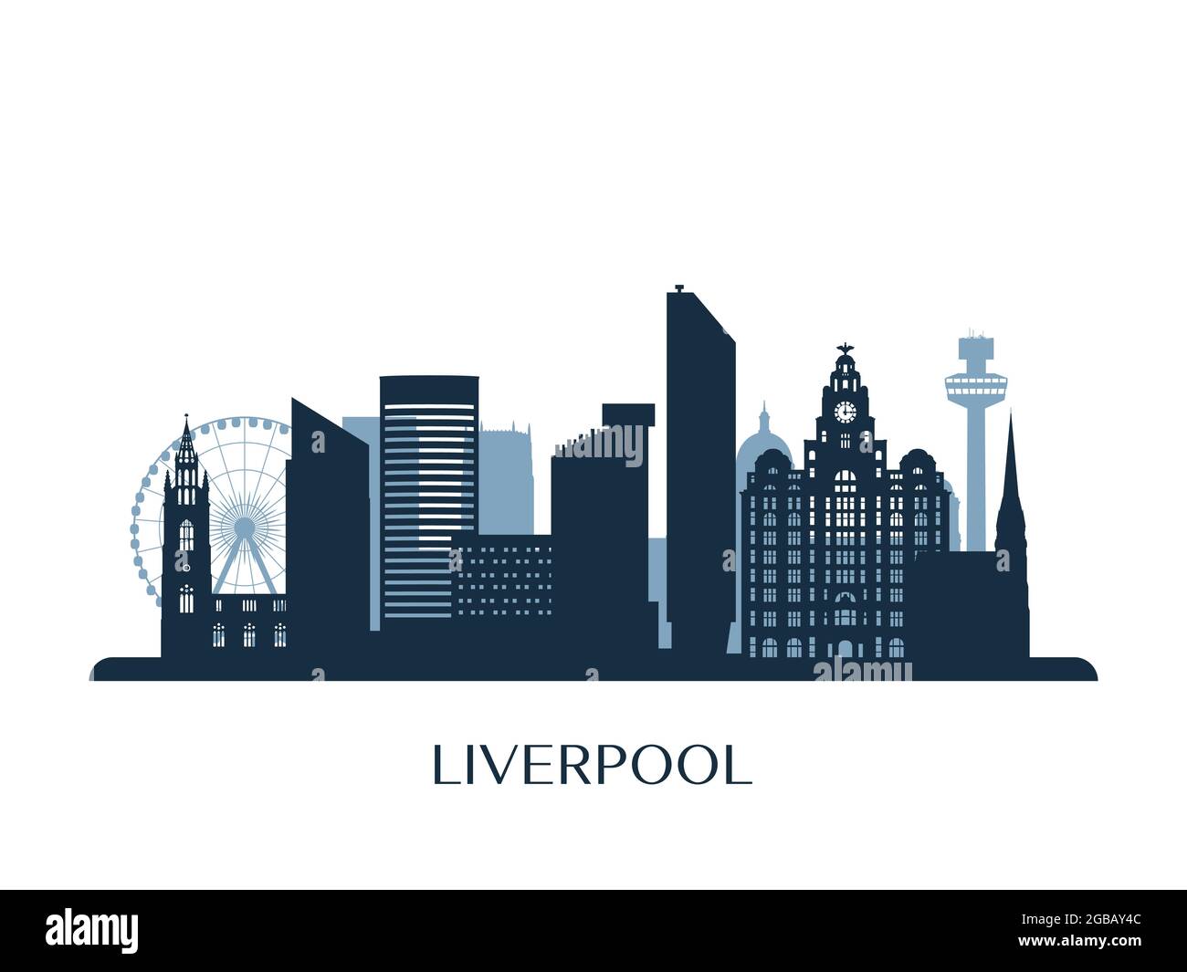 Liverpool skyline, monochrome silhouette. Vector illustration. Stock Vector