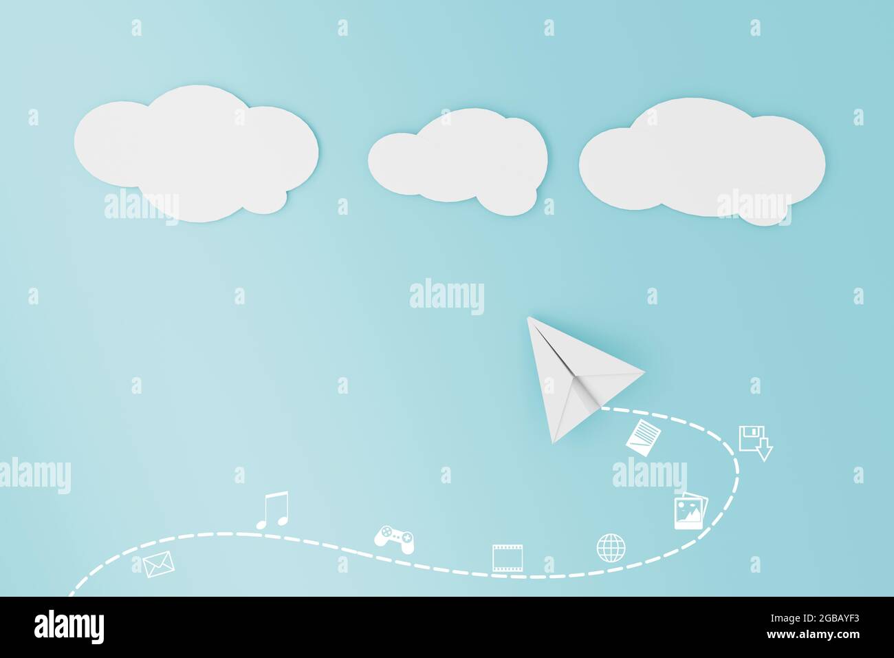 Bended paper plane is transfering data to cloud storage system. Cloud technology concept . High quality 3d illustration Stock Photo