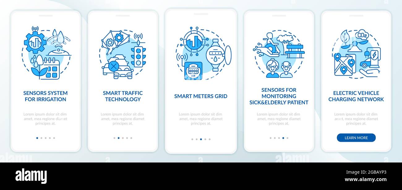 Smart city projects blue onboarding mobile app page screen Stock Vector
