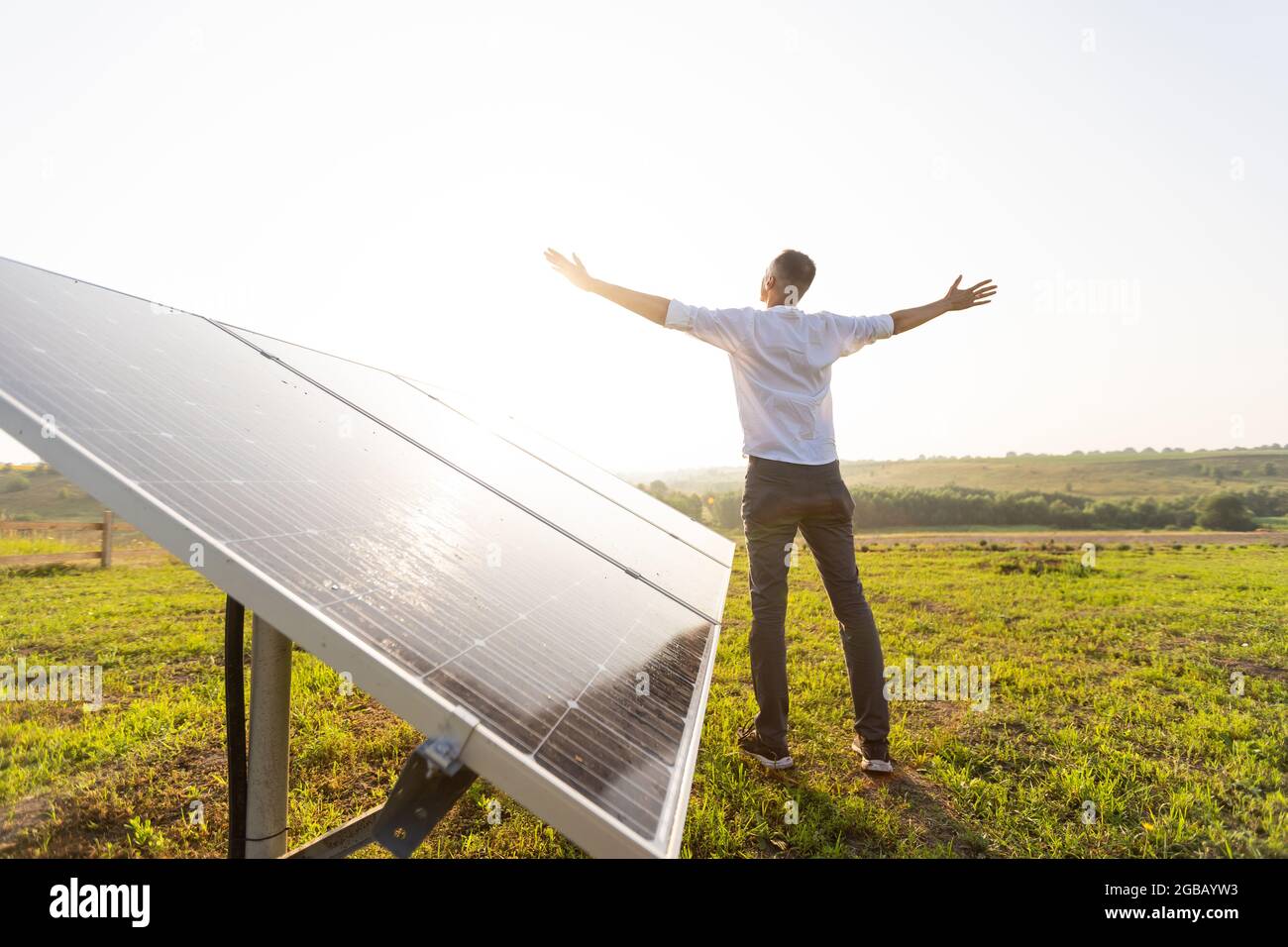 oung engineer is checking an operation of sun and cleanliness of ...