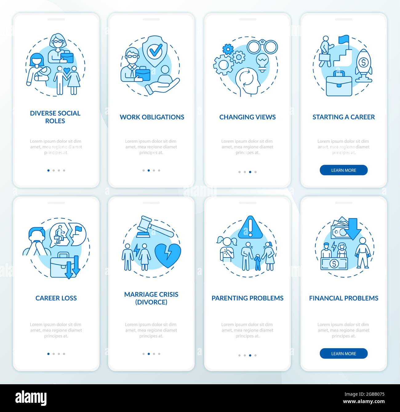 Adulthood development onboarding mobile app page screen Stock Vector