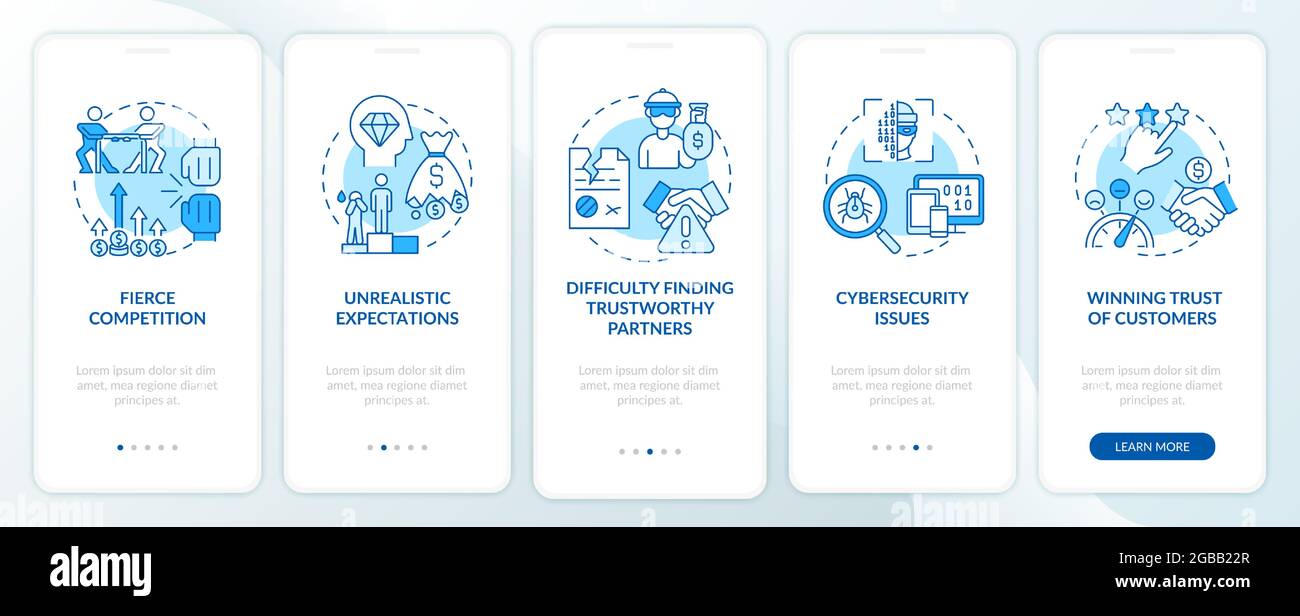 Challenges of launching startup blue onboarding mobile app page screen ...
