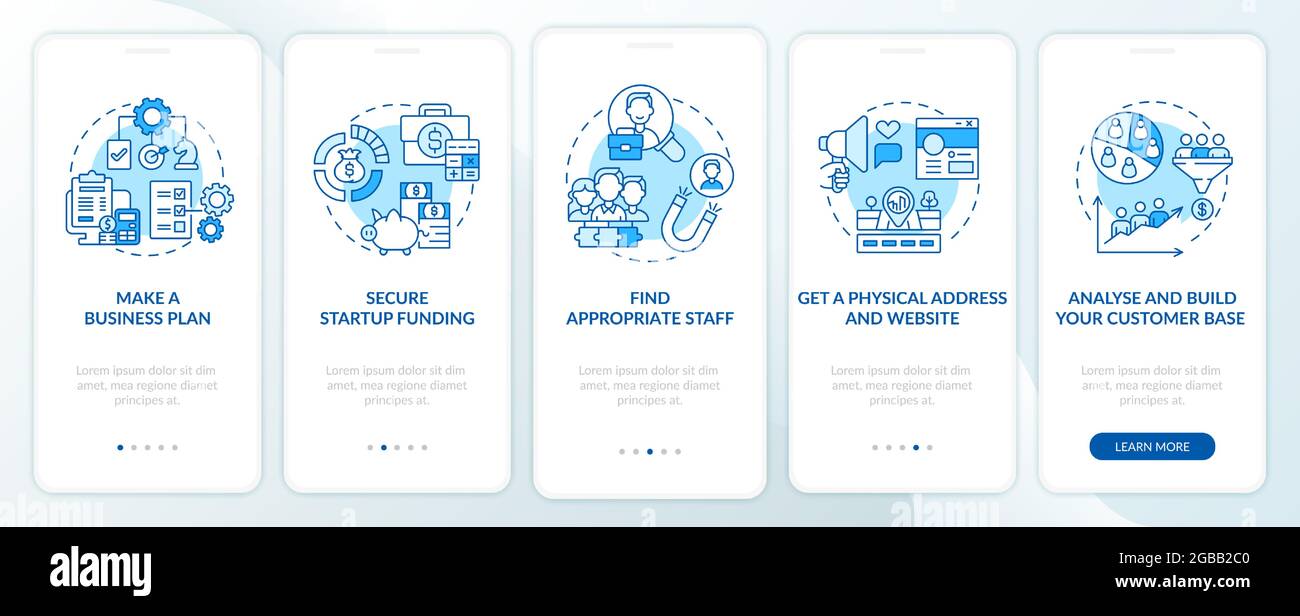 Startup launch steps blue onboarding mobile app page screen Stock Vector