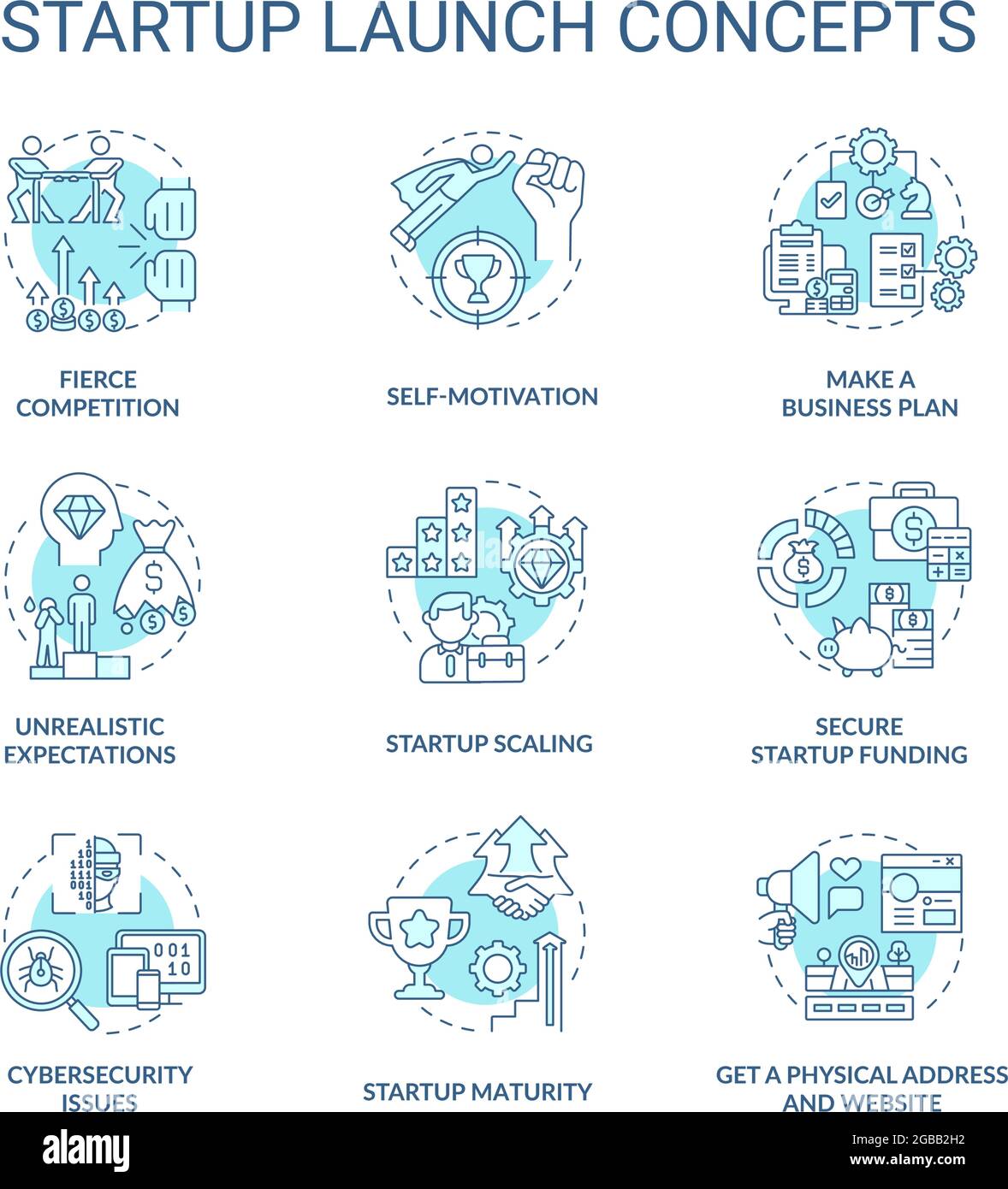 Startup launch blue concept icons set Stock Vector