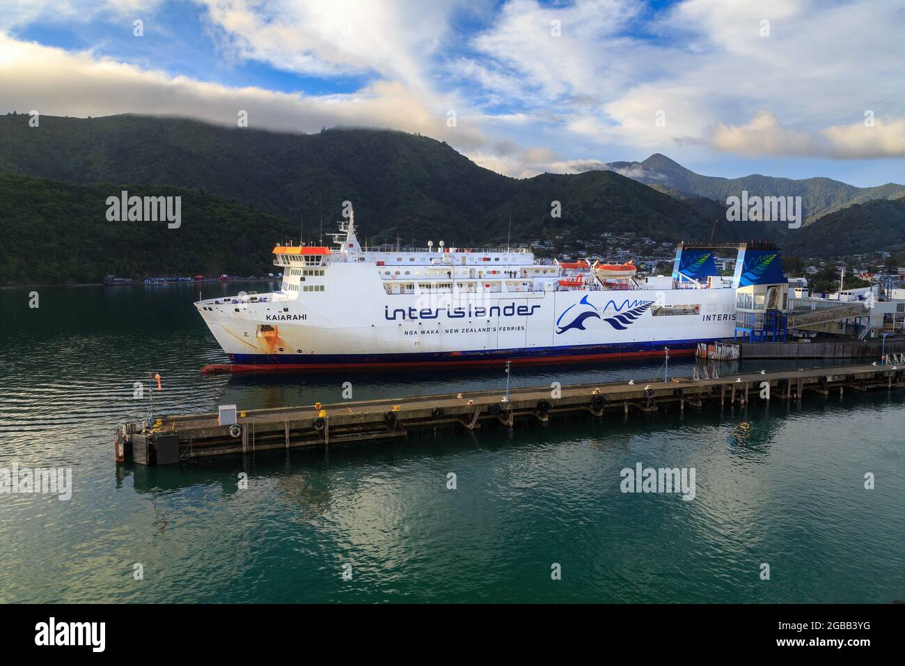 Picton, New Zealand. The Interislander ferry 'Kaiarahi' in Picton Harbour, after crossing Cook Strait Stock Photo