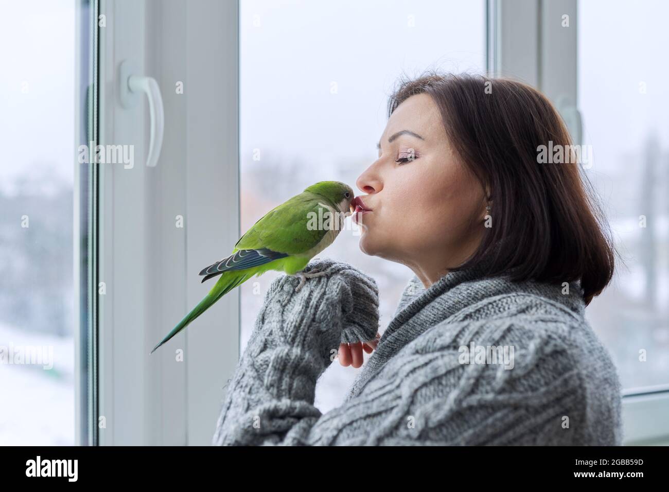 Middle aged woman and parrot together, female bird owner talking kissing green quaker pet Stock Photo