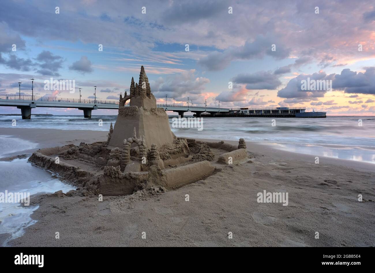 Sandcastle on the beautiful Baltic beach, Kolobrzeg, Poland. Stock Photo