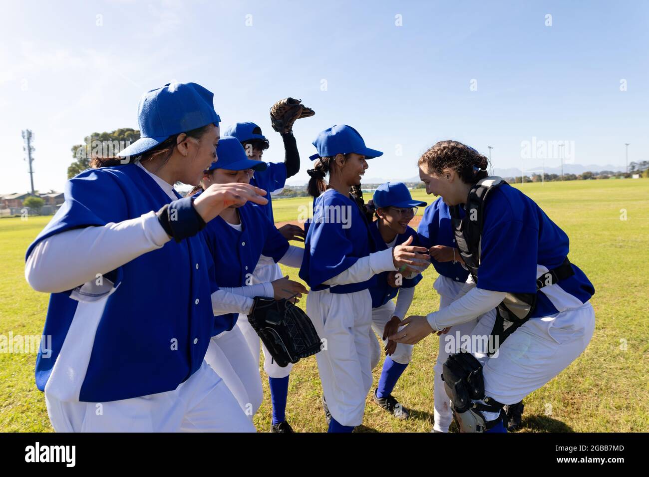 Diverse group of happy female baseball players celebrating on sunny