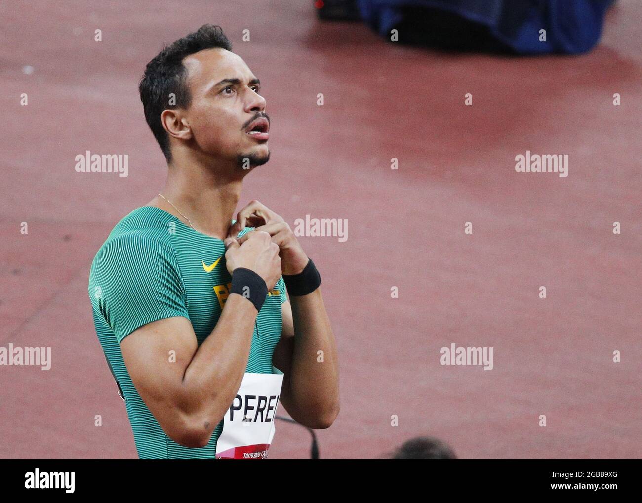 Tokyo, Japan. 03rd Aug, 2021. Rafael Pereira of Brazil reacts after competing in round 1 of the Men's 110m hurdles at the Tokyo 2020 Summer Olympic Games in Tokyo, Japan on Tuesday, August 3, 2021. Photo by Bob Strong/UPI Credit: UPI/Alamy Live News Stock Photo