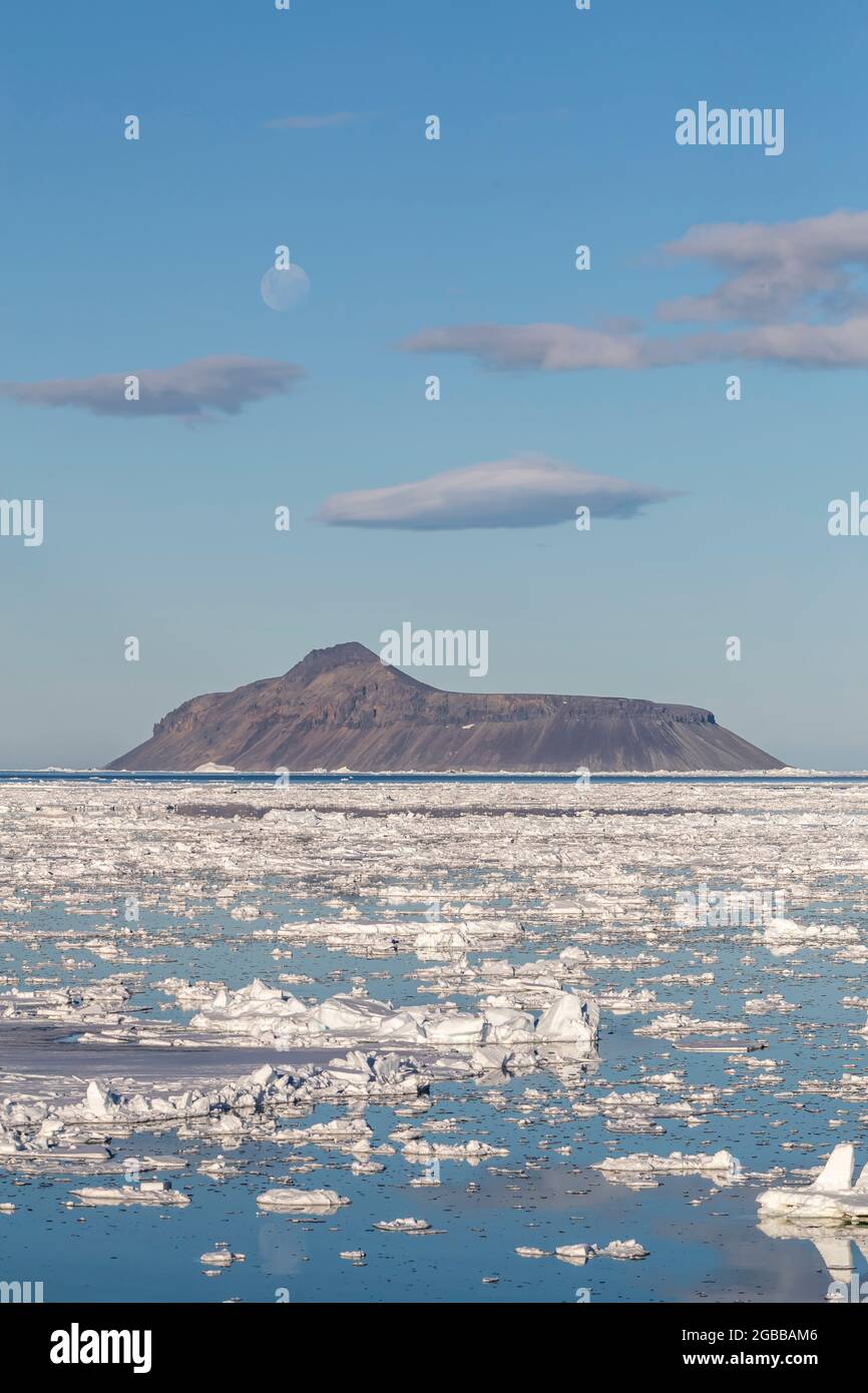 The nearly full supermoon over Cogburn Island, Weddell Sea, Antarctica, Polar Regions Stock Photo