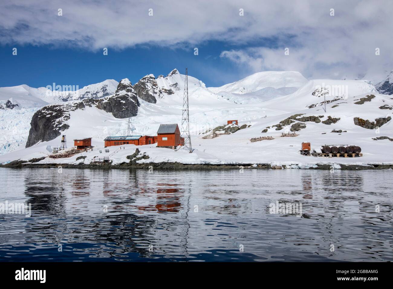The Argentine Research Station Base Brown, Paradise Bay, Antarctica, Polar Regions Stock Photo