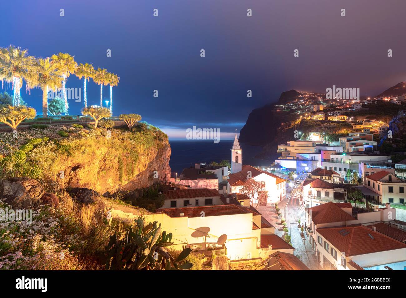 Old town of Camara de Lobos and cliffs at dusk, Madeira island, Portugal, Atlantic, Europe Stock Photo