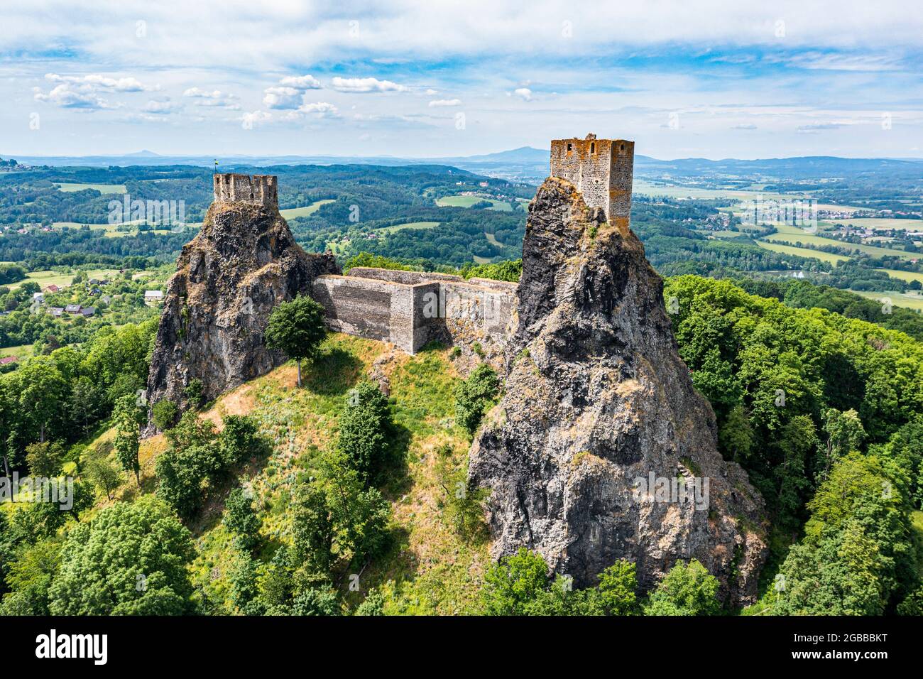 Aerial of Rock town of Hruba Skala with the castle in the background, Bohemian Paradise, Czech Republic, Europe Stock Photo