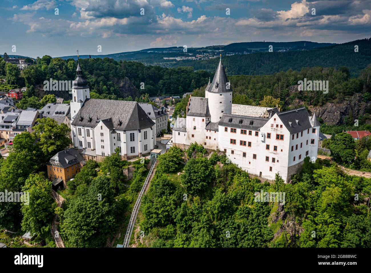 Aerial of St. Georgen Kirche and Palace, town of Schwarzenberg, Ore Mountains, UNESCO World Heritage Site, Saxony, Germany, Europe Stock Photo