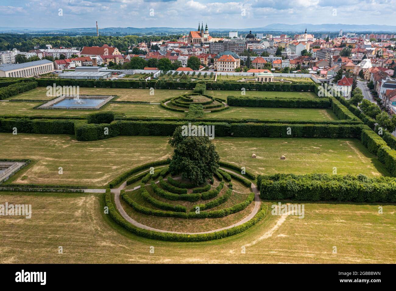 Aerial of the botanical Gardens and Castle at Kromeriz,, UNESCO World Heritage Site, Zlin region, Czech Republic, Europe Stock Photo