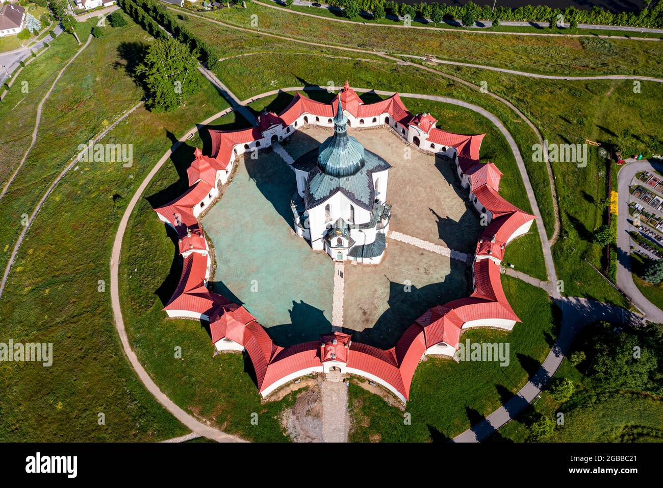 Aerial of the Pilgrimage Church of Saint John of Nepomuk, UNESCO World Heritage Site, Zelena Hora, Czech Republic, Europe Stock Photo