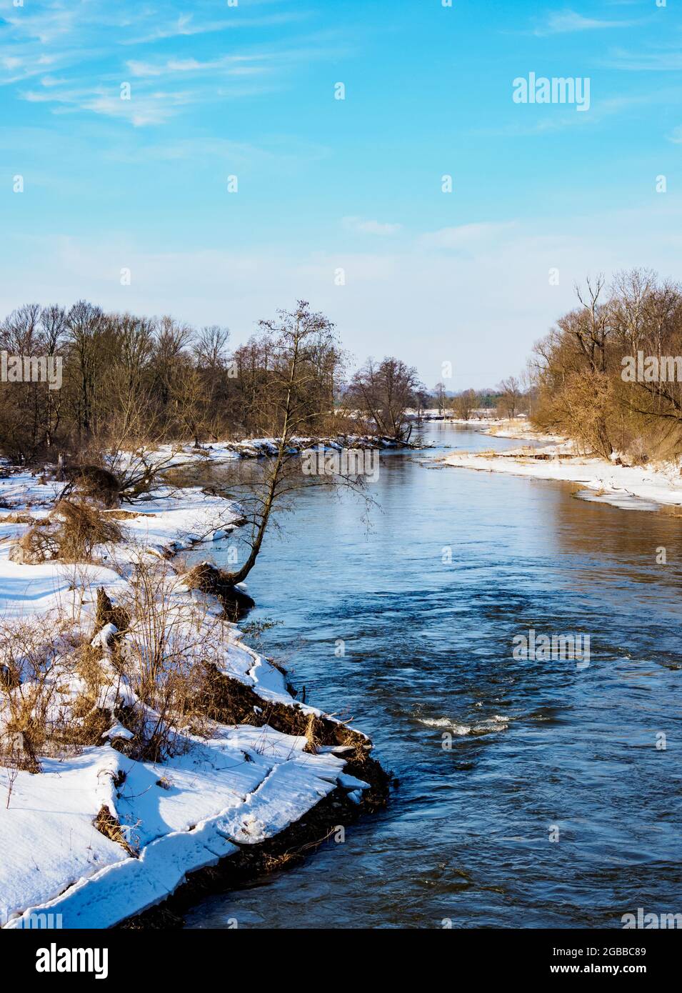 River Wieprz at winter time, elevated view, Serniki, Lublin Voivodeship, Poland, Europe Stock Photo