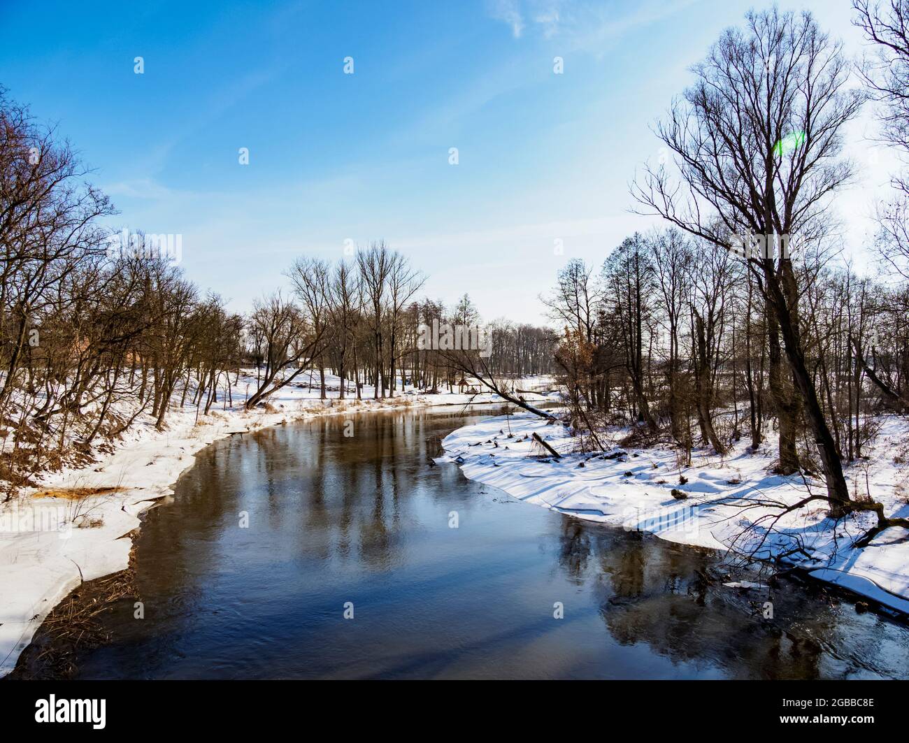 River Wieprz at winter time, elevated view, Serniki, Lublin Voivodeship, Poland, Europe Stock Photo
