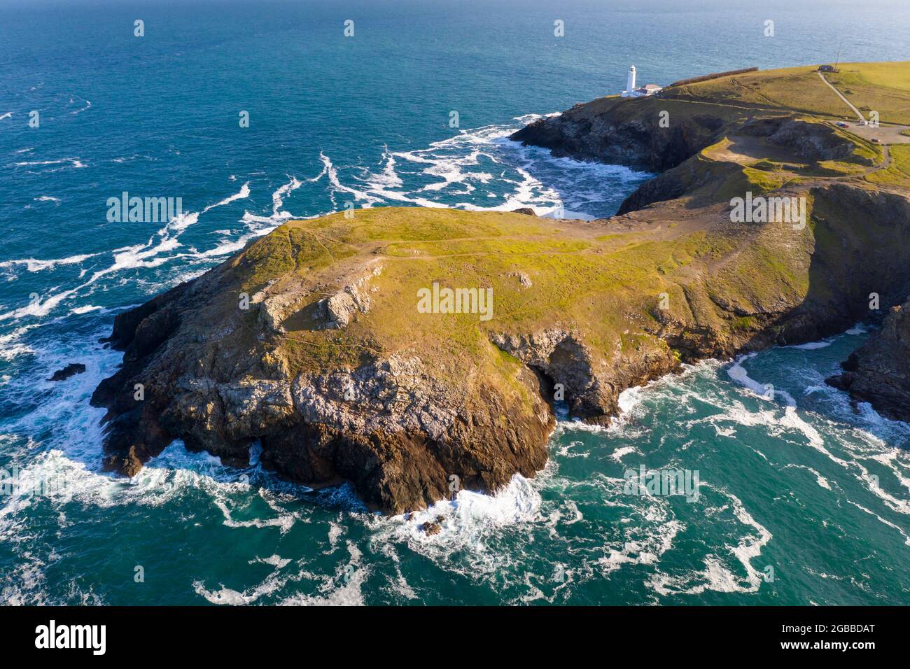 Aerial vista of Trevose Head and lighthouse, Cornwall, England, United Kingdom, Europe Stock Photo