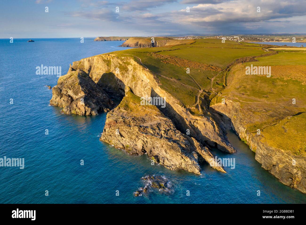 Aerial vista of Merope Islands and dramatic cliffs near Stepper Point in spring, Padstow, Cornwall, England, United Kingdom, Europe Stock Photo