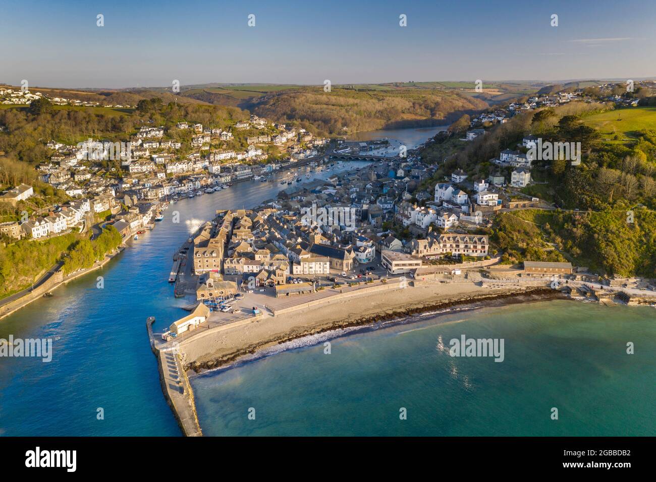 Aerial view of the beautiful Cornish fishing town of Looe on a sunny spring morning, Looe, Cornwall, England, United Kingdom, Europe Stock Photo