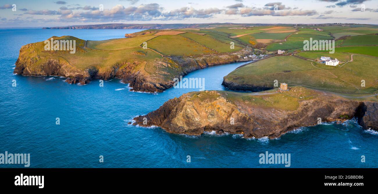 Aerial vista of Doyden Castle on the headland at Port Quin in spring, Cornwall, England, United Kingdom, Europe Stock Photo