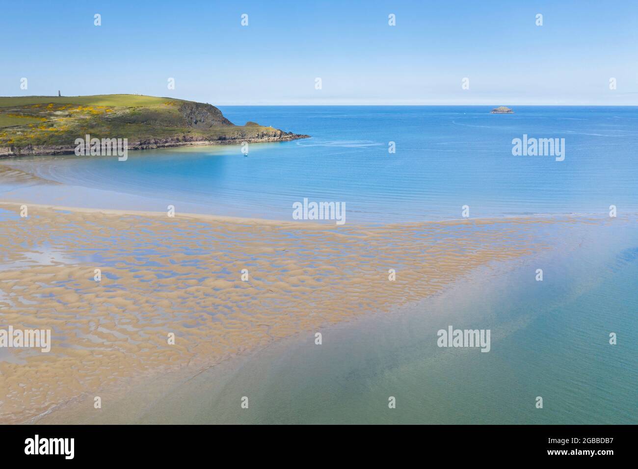 Aerial photograph of the Doom Bar emerging from the Camel Estuary at low tide in spring, Padstow, Cornwall, England, United Kingdom, Europe Stock Photo