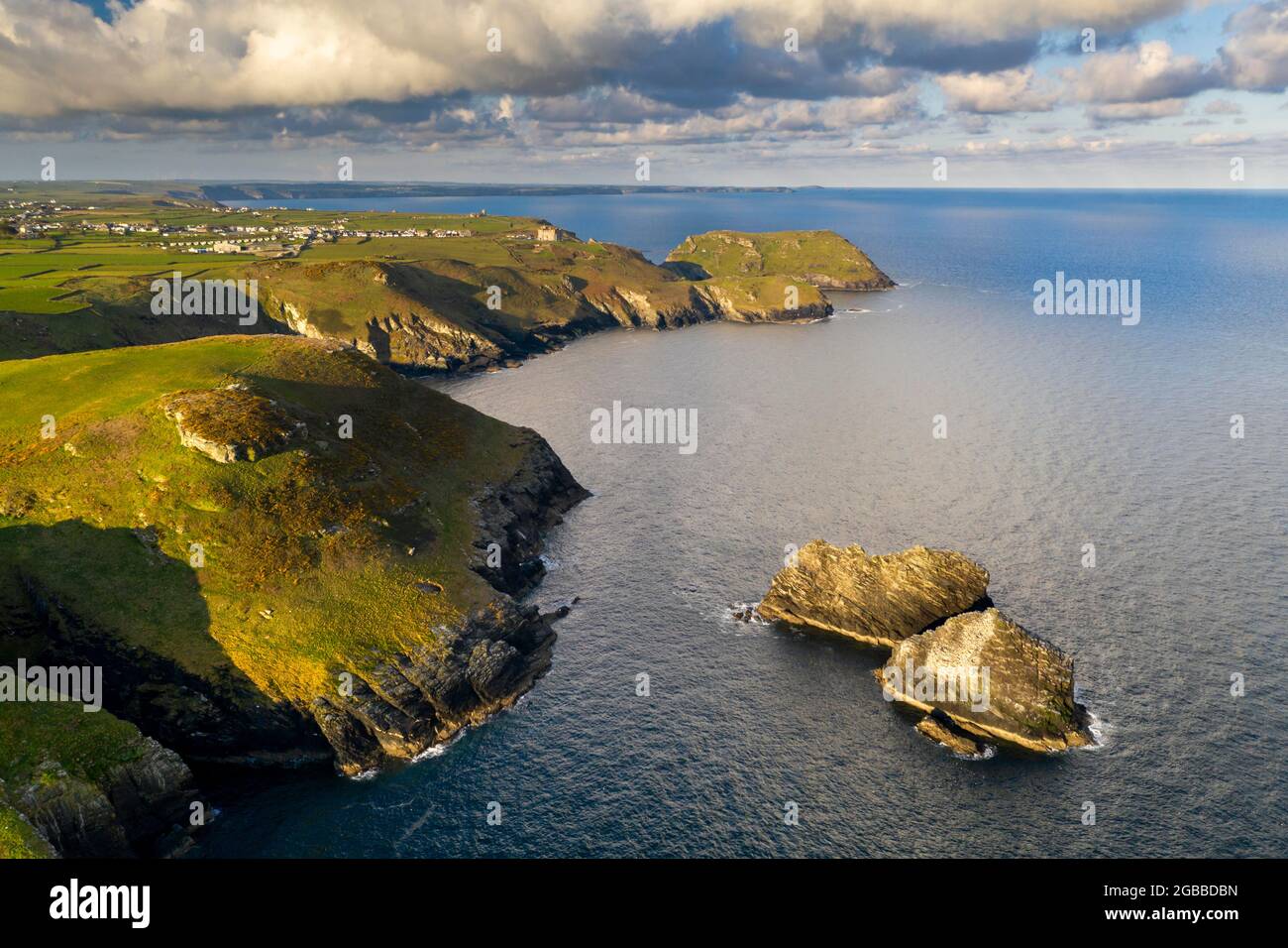 Aerial view of beautiful North Cornish coastline in spring near Tintagel, Cornwall, England, United Kingdom, Europe Stock Photo