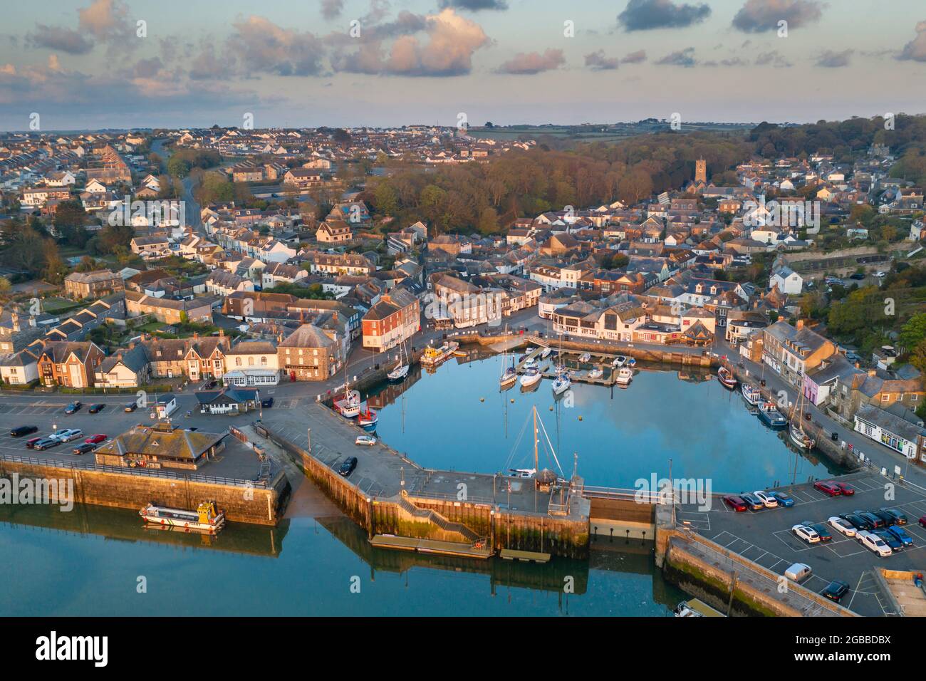Aerial view of Padstow harbour at dawn in spring, Padstow, Cornwall, England, United Kingdom, Europe Stock Photo
