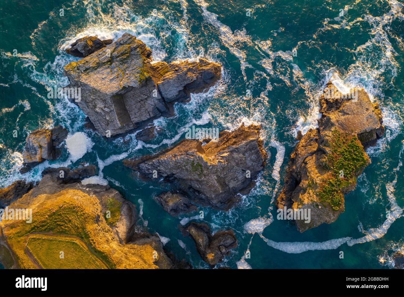 Aerial view of the Minnows islands near Porthcothan on the North coast of Cornwall, England, United Kingdom, Europe Stock Photo