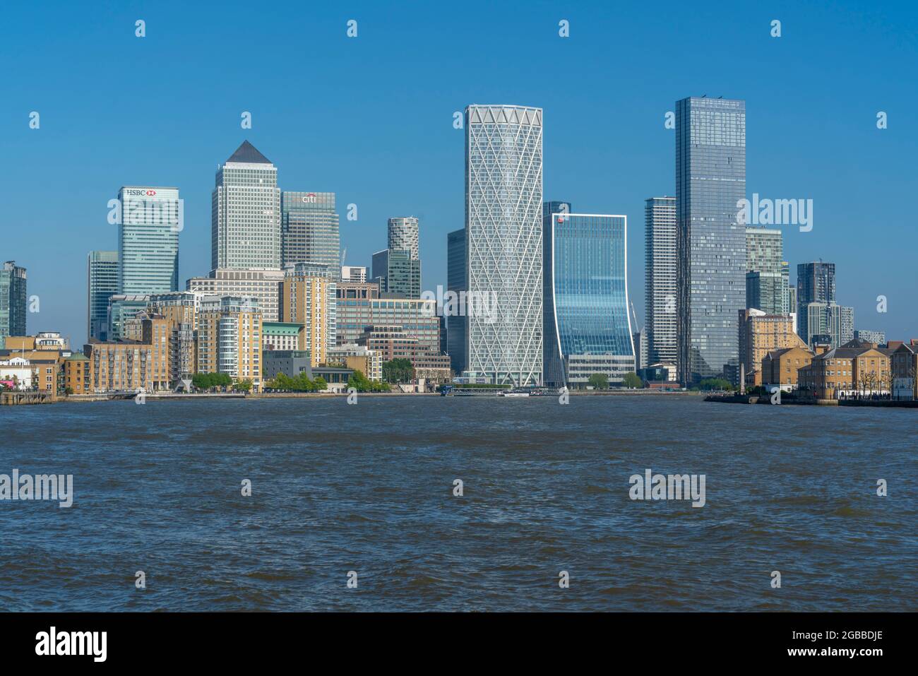 View of Canary Wharf tall buildings from the Thames Path, London, England, United Kingdom, Europe Stock Photo