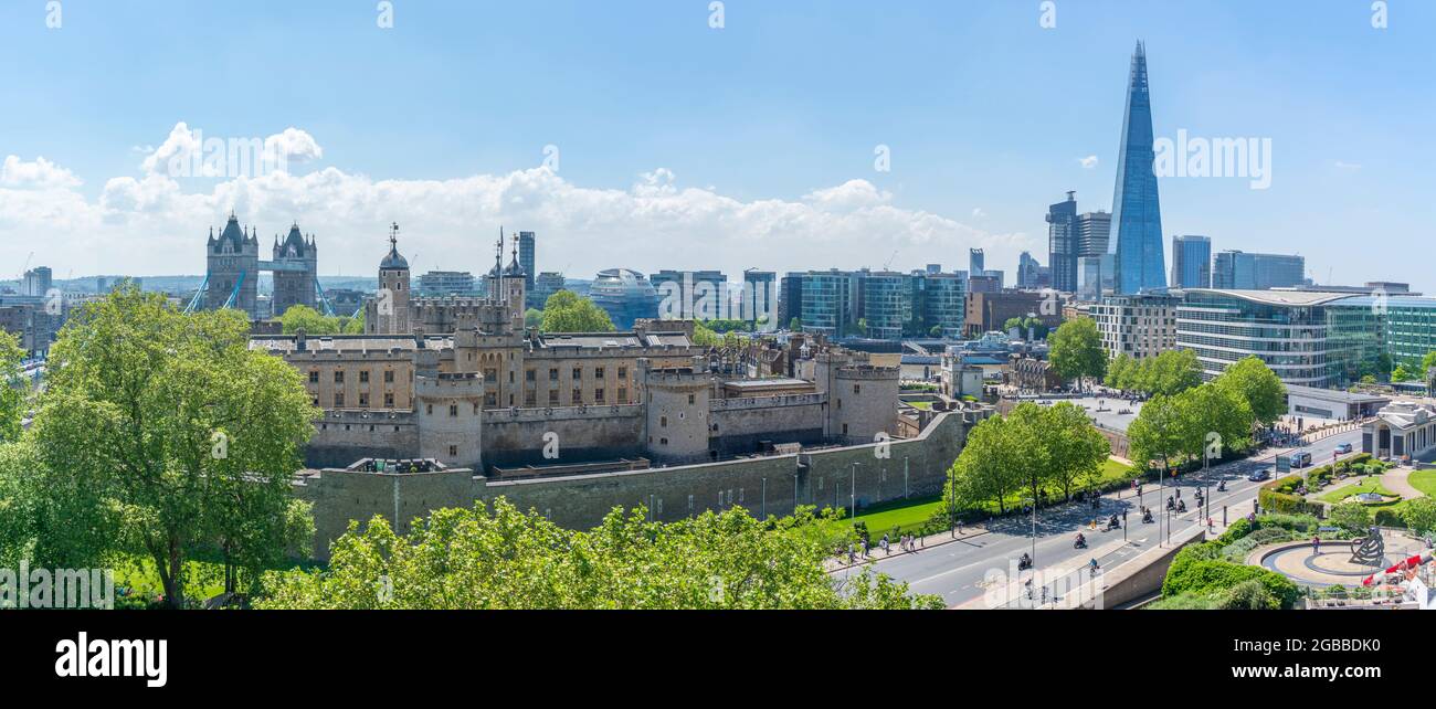 View of The Shard and Tower of London from rooftop bar, London, England
