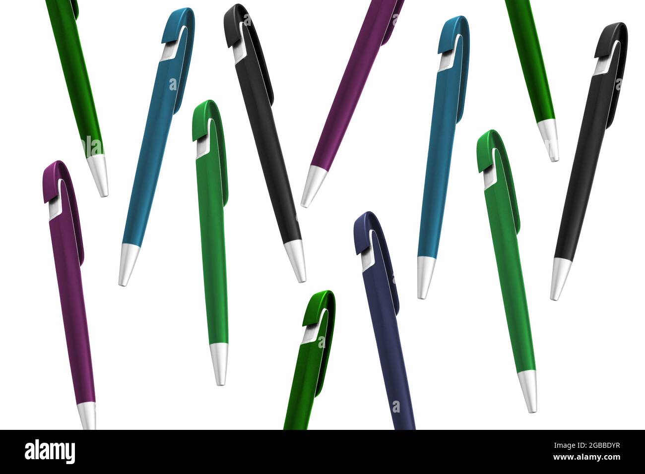 texture of multi-colored ballpoint pens on an isolated white background ...