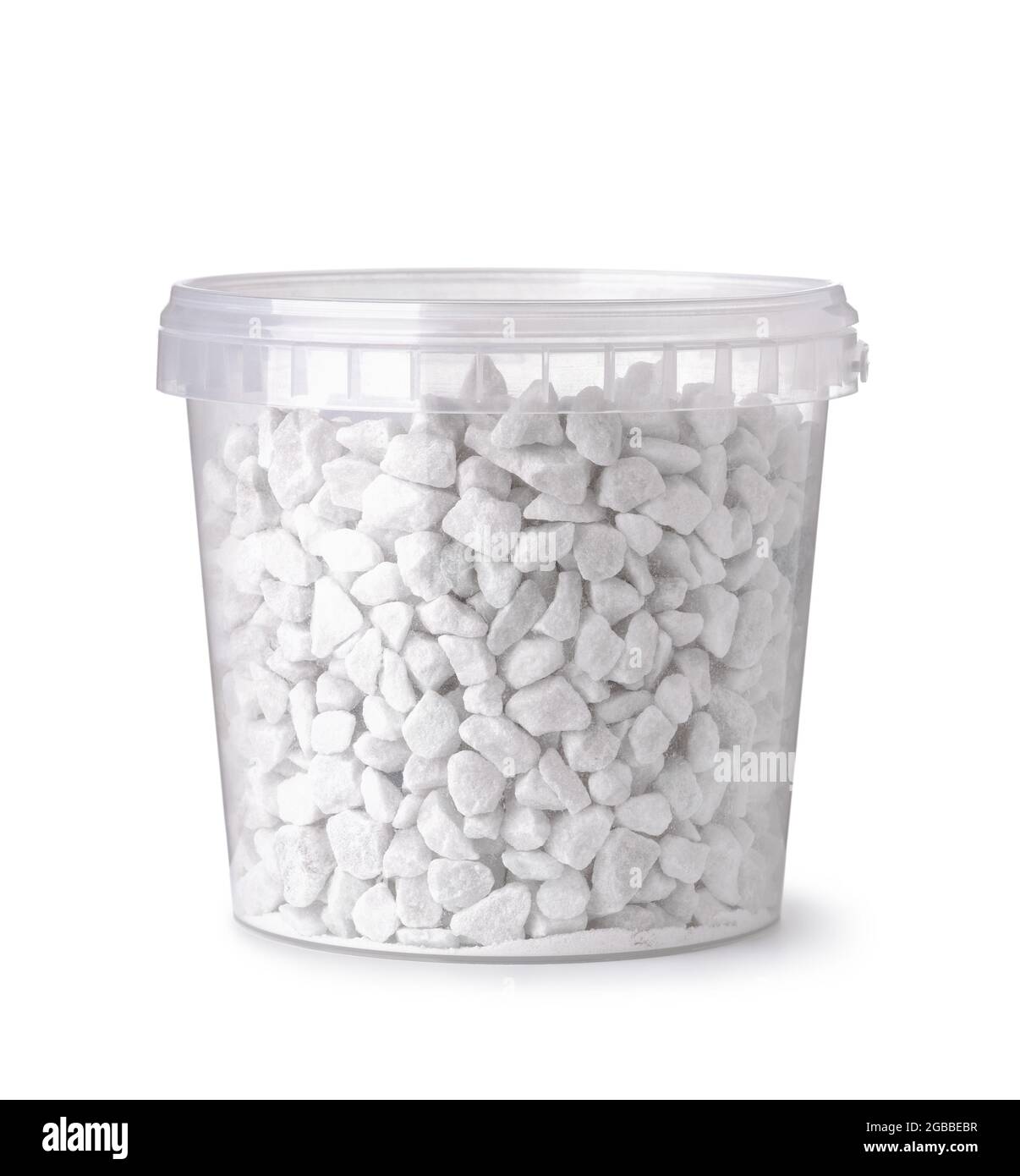 White decorative marble chips in plastic bucket isolated on white Stock Photo