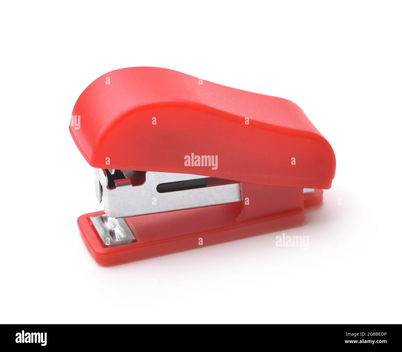 Red plastic stapler isolated on white Stock Photo