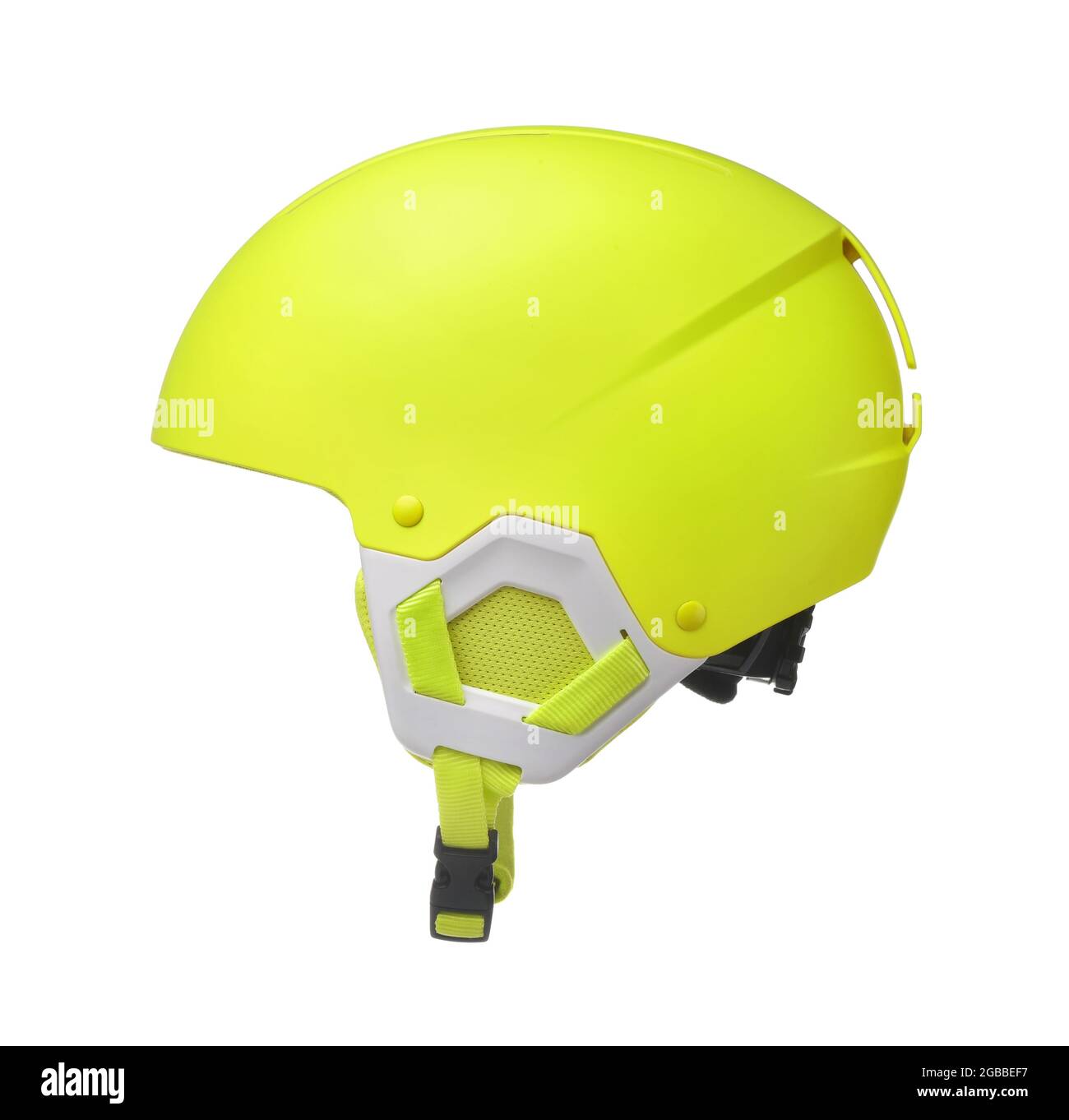 Side view of yellow snowboard safety helmet isolated on white Stock Photo